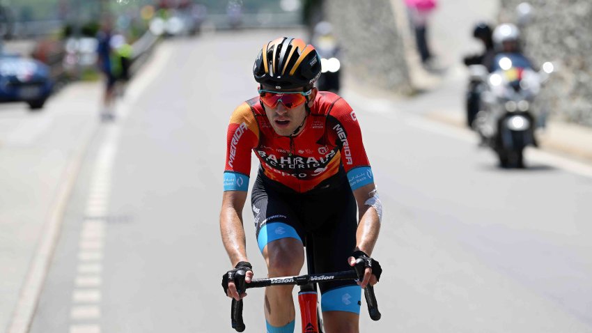 Gino Mäder of Switzerland and Team Bahrain Victorious competes in the chase group during the 86th Tour de Suisse 2023, Stage 4 a 152.5km stage from Monthey to Leukerbad 1367m / #UCIWT / on June 14, 2023 in Leukerbad, Switzerland.