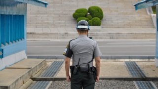 A South Korean soldier in Panmunjom guards the border with North Korea on December 03, 2019.