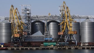 FILE – Exterior view of the grain storage terminal during visit of United Nations Secretary General Antonio Guterres at the Odesa Sea Port, in Odesa, Ukraine, on Aug. 19, 2022.