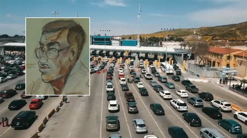 A sketch of CBP Officer Leonard George with the San Ysidro Port of Entry in the background.