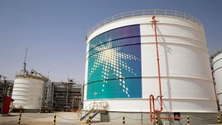 An Aramco oil tank is seen at the Production facility at Saudi Aramco’s Shaybah oilfield in the Empty Quarter, Saudi Arabia.