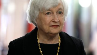 U.S. Secretary of the Treasury Janet Yellen arrives to deliver remarks at Johns Hopkins University’s School of Advanced International Studies (SAIS) on April 20, 2023 in Washington, DC.