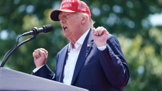 Former President Donald Trump reacts to crowd applause during a campaign event on July 1, 2023 in Pickens, South Carolina. The former president faces a growing list of primary challengers in the Republican Party.