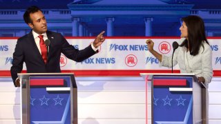 Republican presidential candidates, Vivek Ramaswamy (L) and former U.N. Ambassador Nikki Haley participate in the first debate of the GOP primary season hosted by FOX News at the Fiserv Forum on August 23, 2023 in Milwaukee, Wisconsin.