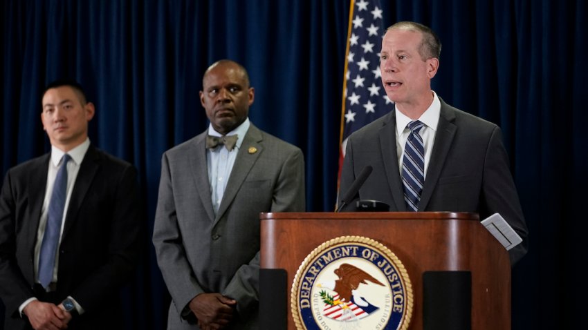 Robert Tripp, special agent in charge of the FBI’s San Francisco Field Office, right, speaks to reporters during a press conference to announce federal authorities have charged 10 current and former Northern California police officers in a corruption investigation Thursday, Aug. 17, 2023, in San Francisco. Arrest warrants were served Thursday in California, Texas and Hawaii.