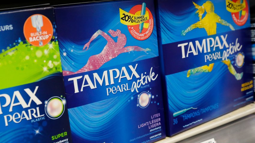 Boxes of tampons are displayed in a pharmacy in New York, March 7, 2016.