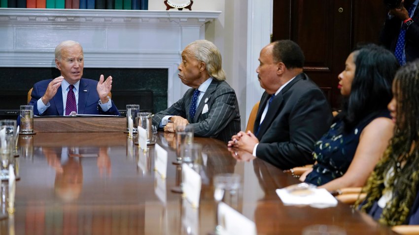 President Joe Biden speaks as he meets with organizers of the 60th anniversary of the March on Washington in the Roosevelt Room of the White House in Washington, Monday, Aug. 28, 2023.