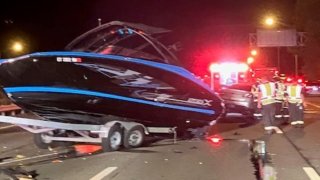 A boat after a crash on Interstate 91 in Rocky Hill.