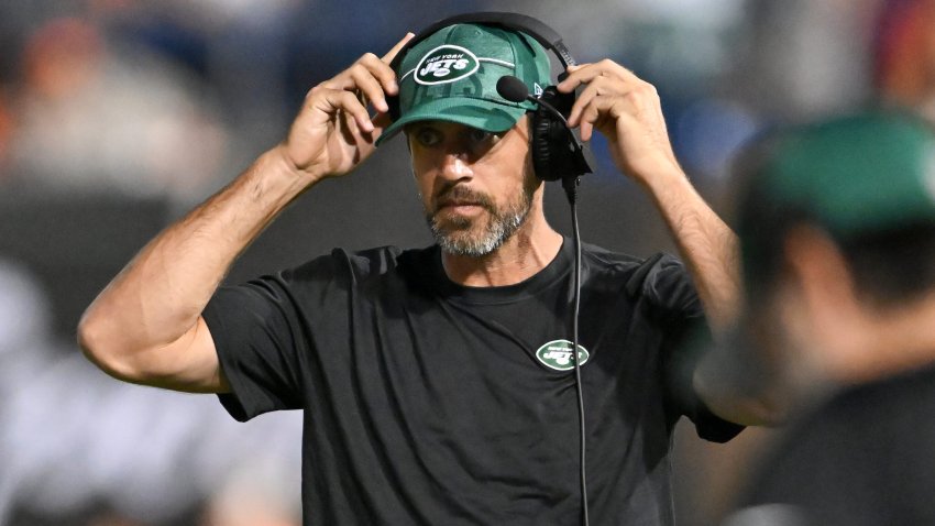 CANTON, OHIO – AUGUST 03: Aaron Rodgers #8 of the New York Jets looks on during a delay in the second half of the 2023 Pro Hall of Fame Game against the Cleveland Browns at Tom Benson Hall Of Fame Stadium on August 3, 2023 in Canton, Ohio. (Photo by Nick Cammett/Getty Images)