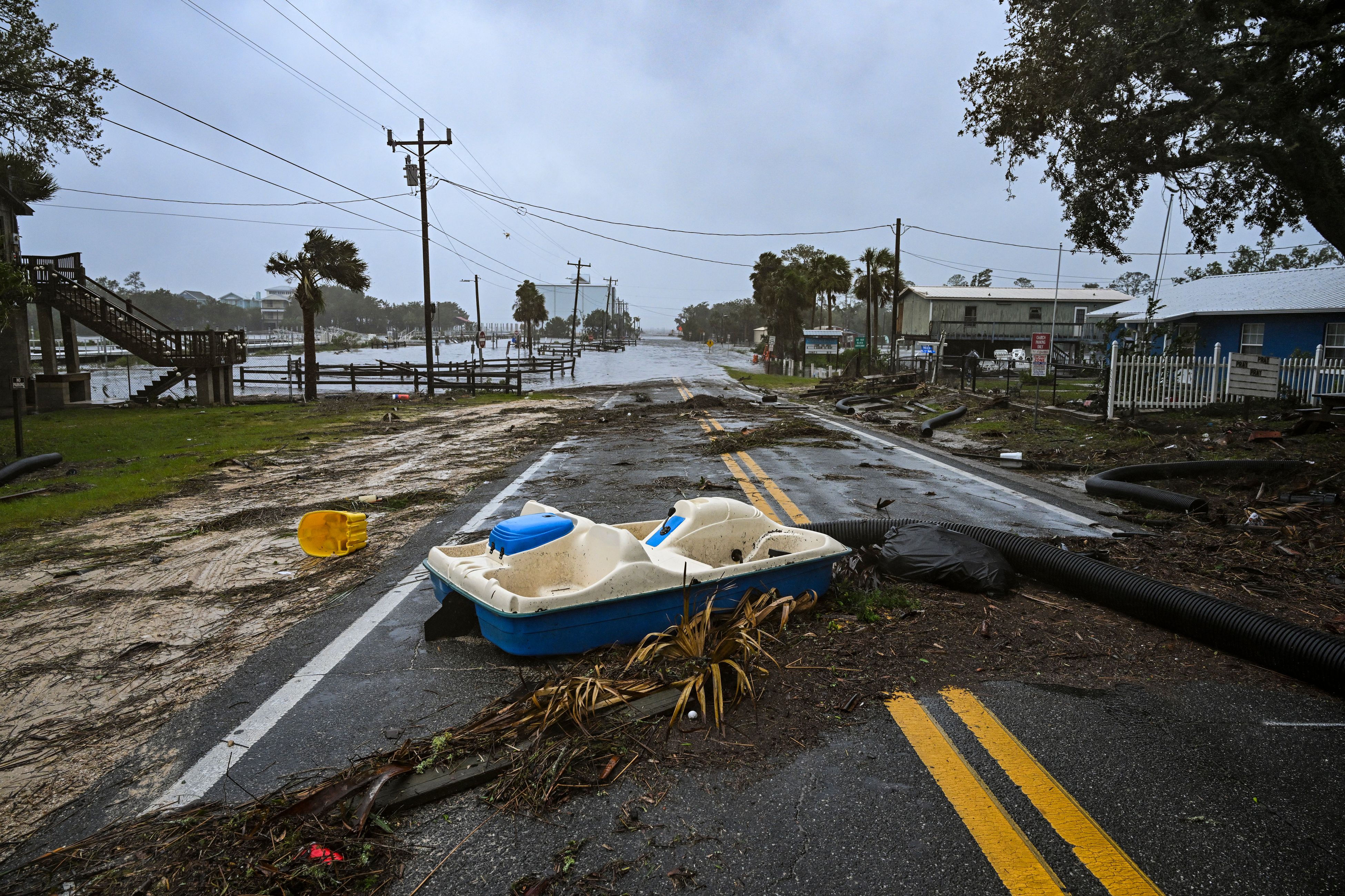 A flooded street is seen near the Steinhatchee marina in Steinhatchee, Florida, Aug. 30, 2023, after Hurricane Idalia made landfall.