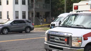An ambulance at the scene of a deadly shooting in Springfield, Massachusetts, on Tuesday, Aug. 15, 2023.