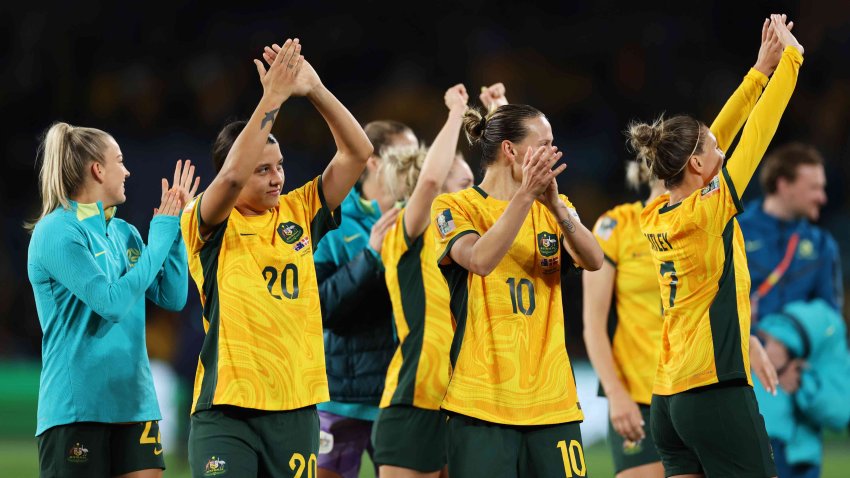 Australia players applaud fans after the team’s 2-0 victory and advance to the quarter final following the FIFA Women’s World Cup Australia & New Zealand 2023 Round of 16 match between Australia and Denmark at Stadium Australia on August 07, 2023 in Sydney, Australia.