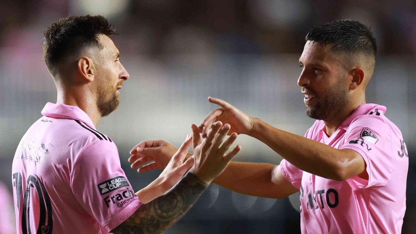 Lionel Messi #10 of Inter Miami CF celebrates his goal with Jordi Alba #18 in the second half during the Leagues Cup 2023 quarterfinals match between Charlotte FC and Inter Miami CF at DRV PNK Stadium on August 11, 2023 in Fort Lauderdale, Florida.