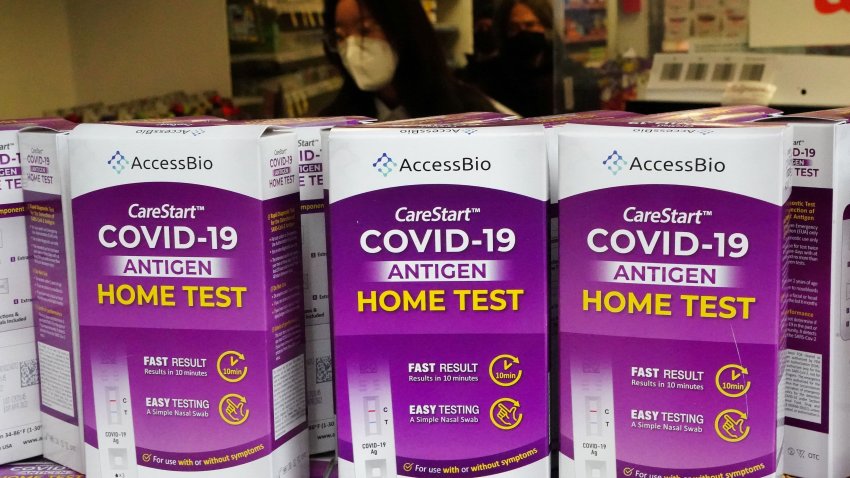 Covid-19 home test kits are pictured in a store window during the Covid-19 pandemic in the Manhattan borough of New York City, Jan. 19, 2022.