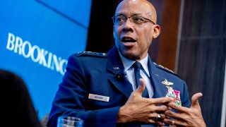 FILE - Air Force Chief of Staff Gen. CQ Brown, Jr. speaks about U.S. defense strategy at the Brookings Institution in Washington, Monday, Feb. 13, 2023. Navy Adm. Christopher Grady, who currently serves as the military’s No. 2 officer as Joint Chiefs vice chairman, will simultaneously have to fill in as chairman starting Oct. 1 with the retirement of Gen. Mark Milley if his replacement, Air Force Gen. C.Q. Brown, can’t get confirmed in the next two weeks.