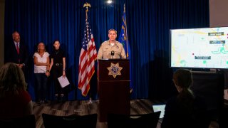 Las Vegas police Lt. Jason Johansson speaks during a news conference Tuesday, Sept. 19, 2023, in Las Vegas. Las Vegas police on Tuesday announced a second teenager has been arrested in a series of hit-and-run crashes, including the death of a former California police chief who was riding a bicycle last month.