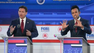 Republican presidential candidates, from left, North Dakota Gov. Doug Burgum, former New Jersey Gov. Chris Christie, former U.N. Ambassador Nikki Haley, Florida Gov. Ron DeSantis, entrepreneur Vivek Ramaswamy, Sen. Tim Scott, R-S.C., and former Vice President Mike Pence, before the start of a Republican presidential primary debate hosted by FOX Business Network and Univision, Wednesday, Sept. 27, 2023, at the Ronald Reagan Presidential Library in Simi Valley, Calif.