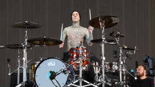 Travis Barker of Blink-182 performs at the Sahara Tent during the 2023 Coachella Valley Music and Arts Festival