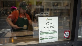 A “Now Hiring” sign at Jamba Juice in San Francisco, California, US, on Monday, June 26, 2023.