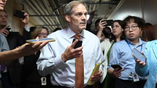 US Representative Jim Jordan (R-OH) speaks to members of the media at the US Capitol in Washington, DC, on October 4, 2023.