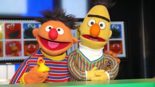 Sesame Street characters Bert and Ernie during the presentation of the NDR and Deutsche Post commemorative stamp of ‘Sesamstrasse’ on March 2, 2020 in Hamburg, Germany.