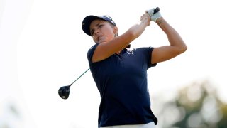 Lexi Thompson of the United States plays her shot from the 16th tee during the final round of the Walmart NW Arkansas Championship presented by P&G at Pinnacle Country Club on Oct. 1, 2023.