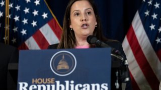 Chair of the House Republican Conference Rep. Elise Stefanik (R-NY) speaks during a news conference after a caucus meeting with House Republicans on Capitol Hill May 10, 2023 in Washington, DC.