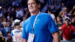 Mark Cuban during an exhibition game between Real Madrid and the Dallas Mavericks at WiZink Center on Oct. 10, 2023, in Madrid, Spain.