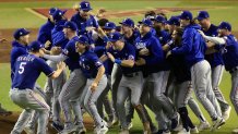 PHOENIX, ARIZONA - NOVEMBER 01: The Texas Rangers celebrate after beating the Arizona Diamondbacks 5-0 in Game Five to win the World Series at Chase Field on November 01, 2023 in Phoenix, Arizona.