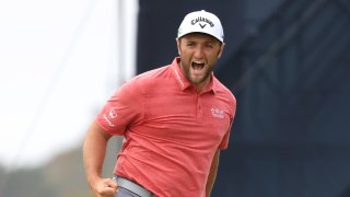 Jon Rahm of Spain celebrates making a putt for birdie on the 18th green during the final round of the 2021 U.S. Open at Torrey Pines Golf Course (South Course) on June 20, 2021 in San Diego, California.