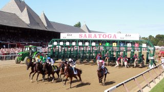 SARATOGA SPRINGS, NEW YORK – AUGUST 24: Midnight Bisou with Jockey Mike Smith aboard catches Elate at the wire to win the Grade I Personal Ensign Stakes at Saratoga Race Course on August 24, 2019 in Saratoga Springs, New York.