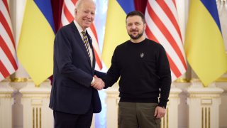 President Joe Biden meets with Ukrainian President Volodymyr Zelensky at the Ukrainian presidential palace on February 20, 2023 in Kyiv, Ukraine.