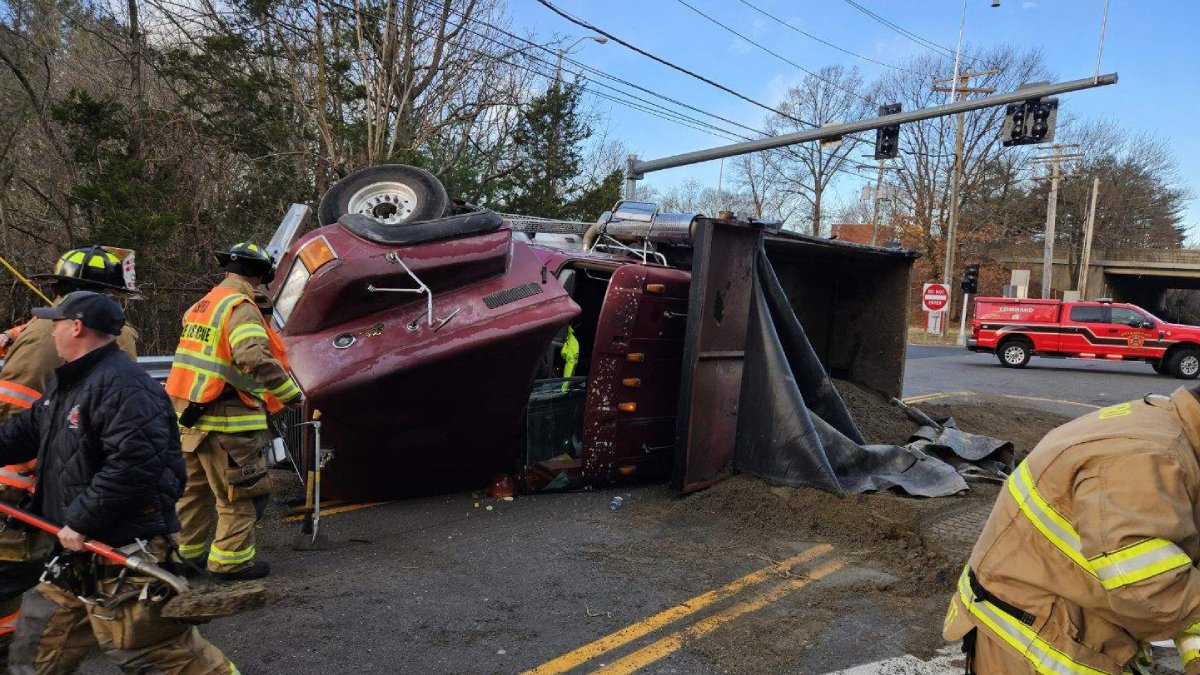 Truck carrying sand overturns in Milford – NBC Connecticut