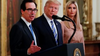 Treasury Secretary Steven Mnuchin speaks as U.S. President Donald Trump and White House senior adviser Ivanka Trump listen during an East Room event highlighting Paycheck Protection Program (PPP) loans for small businesses adversely affected by the coronavirus disease (COVID-19) outbreak, at the White House in Washington, U.S., April 28, 2020.