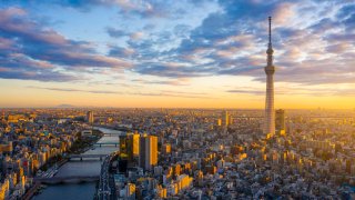 Aerial view by drone of Tokyo Cityscape with Tokyo Sky Tree visible in Tokyo city, Japan on sunrise.