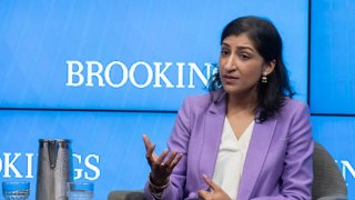 WASHINGTON, DC – OCTOBER 4:  Federal Trade Commission Chair Lina Khan speaks during a discussion on antitrust reforms at the Brookings Institution October 4, 2023 in Washington, DC. Khan assumed the role of FTC chair in June 2021 after being appointed by U.S. President Joe Biden and confirmed by the Senate. (Photo by Drew Angerer/Getty Images)