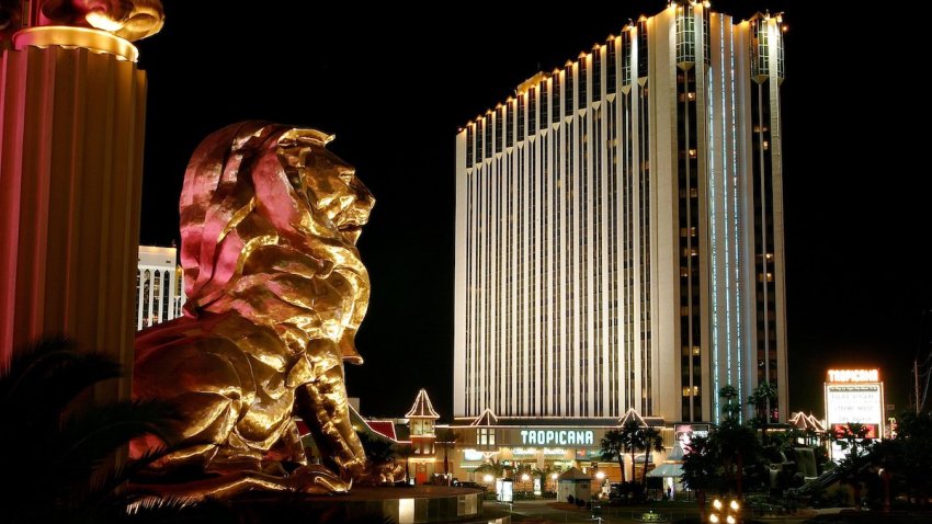 The lion over the Strip entrance of the MGM Grand Hotel/Casino and the Tropicana Resort and Casino (R) are shown Feb. 1, 2006 in Las Vegas, Nevada.