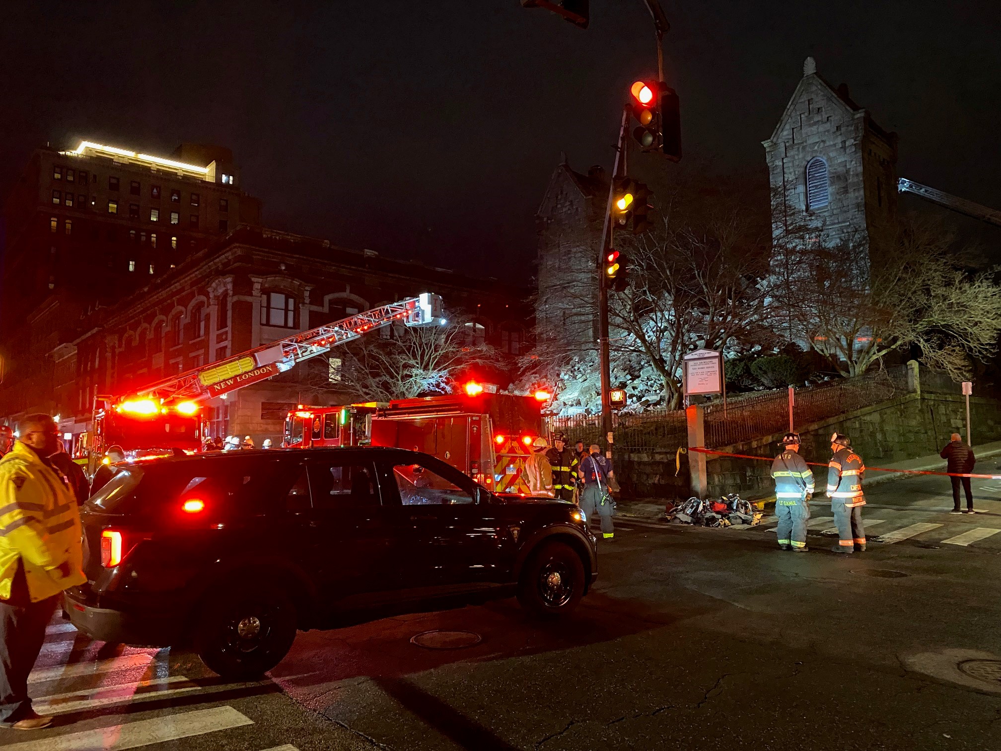 Streets Closed Dorm Evacuated After Roof Collapse At New London Church   NEW LONDON CHURCH COLLAPSE NIGHTTIME 012524 