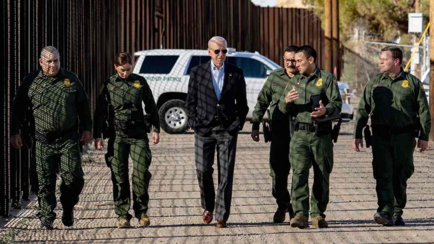 US President Joe Biden speaks with US Customs and Border Protection officers as he visits the US-Mexico border in El Paso, Texas, on January 8, 2023. (Photo by Jim WATSON / AFP) (Photo by JIM WATSON/AFP via Getty Images)