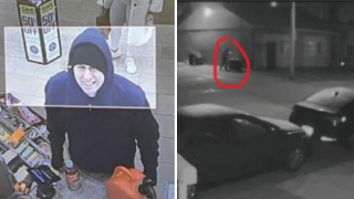 Surveillance captured Kevin Colantonio purchasing gasoline at Cumberland Farms, right, and then seen pouring the ignitanle liquid around the exterior of the church.