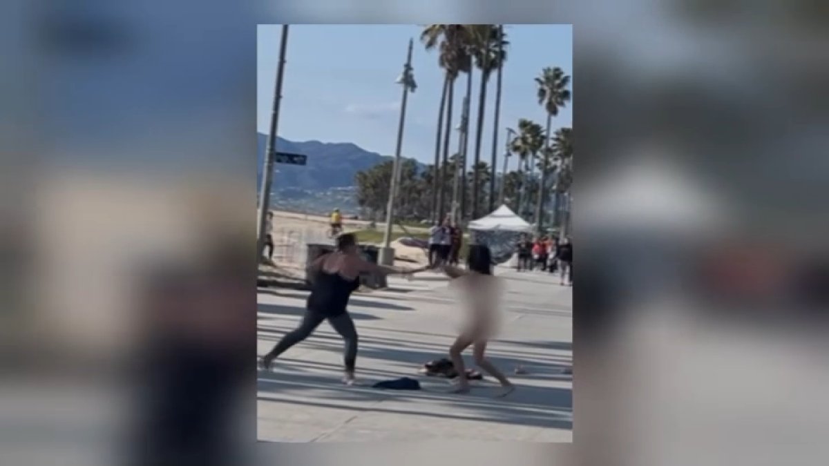 Club-wielding naked woman gets into fight on Venice Beach boardwalk as  stunned onlookers film brawl