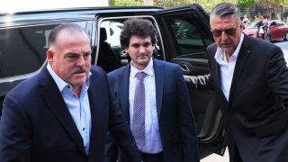 Former FTX CEO Sam Bankman-Fried arrives for a bail hearing at Manhattan Federal Court on August 11, 2023 in New York City.