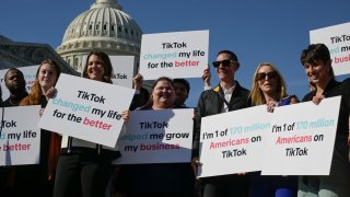 TikTok creators gather before a press conference to voice their opposition to the “Protecting Americans from Foreign Adversary Controlled Applications Act,” pending crackdown legislation on TikTok in the House of Representatives, on Capitol Hill in Washington, U.S., March 12, 2024.