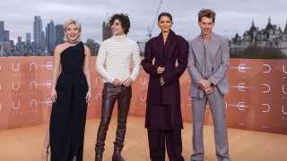 Florence Pugh, from left, Timothee Chalamet, Zendaya and Austin Butler pose for photographers at the photo call for the film "Dune: Part Two"
