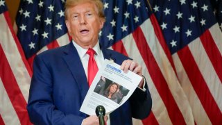 FILE - Former President Donald Trump holds up a copy of a story featuring New York Attorney General Letitia James while speaking during a news conference, Jan. 11, 2024, in New York. Trump could find out Monday, March 25, how New York state aims to collect over $457 million he owes in his civil business fraud case, even as he appeals the verdict that led to the gargantuan debt. (AP Photo/Mary Altaffer, File)