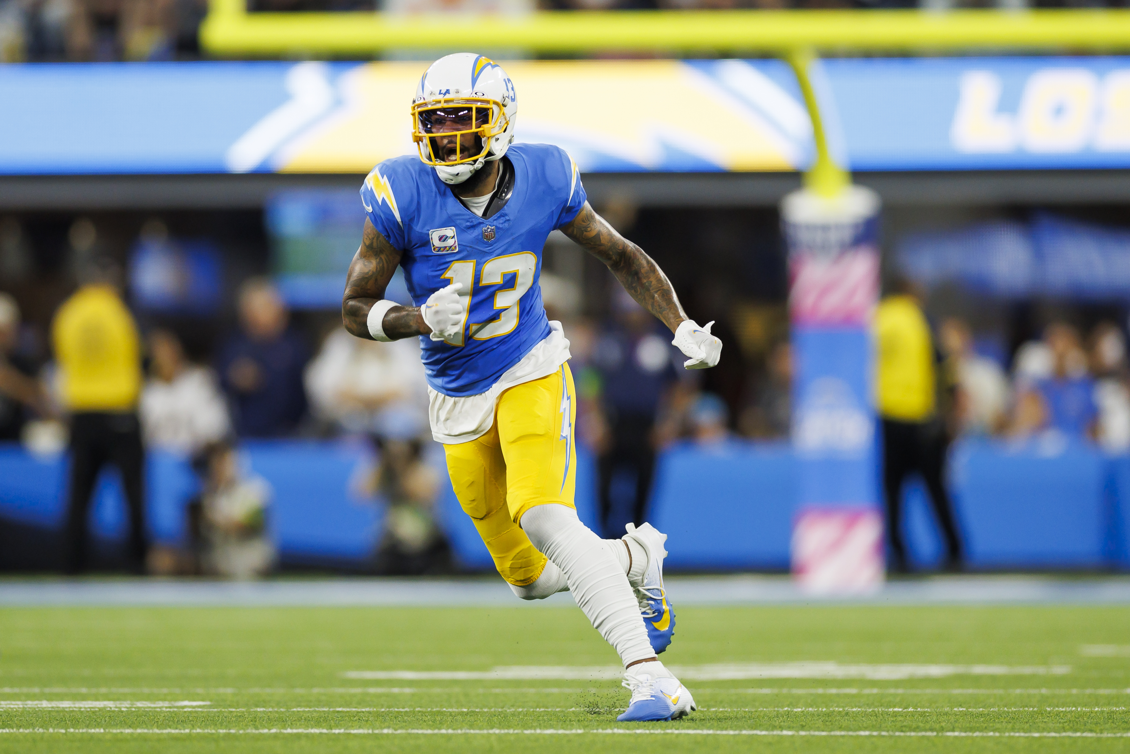 INGLEWOOD, CALIFORNIA – OCTOBER 16: Keenan Allen #13 of the Los Angeles Chargers runs a route during an NFL football game against the Dallas Cowboys at SoFi Stadium on October 16, 2023 in Inglewood, California. (Photo by Ryan Kang/Getty Images)