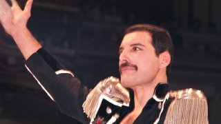 Freddie Mercury of Queen performs on stage Royal Albert Hall, London, 1985