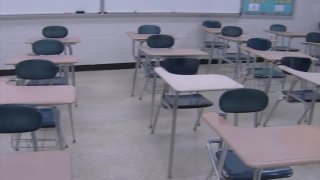 Empty desks in a classroom.