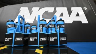 March Madness branded Powerade bottles before the game between the Maryland Terrapins and the South Carolina Gamecocks during the Elite Eight round of the 2023 NCAA Women’s Basketball Tournament held at Bon Secours Wellness Arena in Greenville, South Carolina, on March 27, 2023.