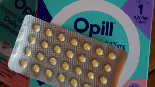 In this photo illustration, a package of Opill is displayed on March 22, 2024 in San Anselmo, California.